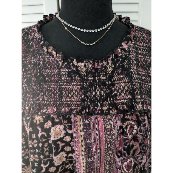 Maurices Top Womens 2X Boho Chic Peasant Smocking Burgundy Floral Flowy Blouse - Picture 2 of 13